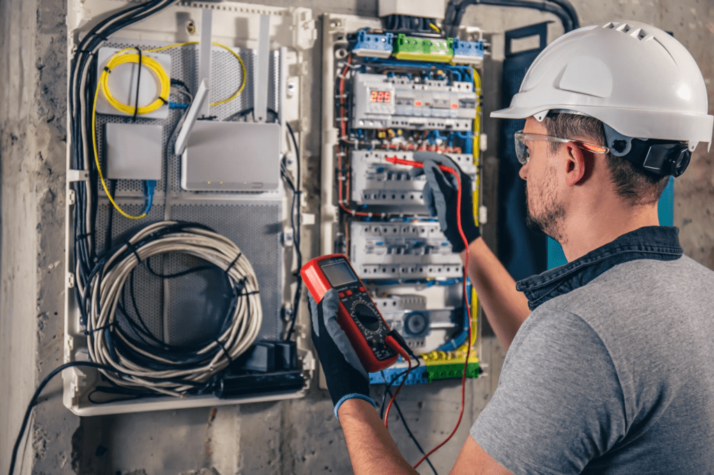 Técnico realizando instalação elétrica em quadro de comando